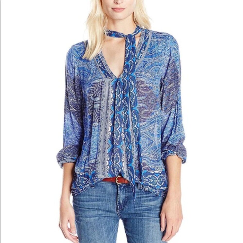 Lucky Brand Women's Large Long Sleeve Boho Blouse Tie Neck V Neck Blue Shirt